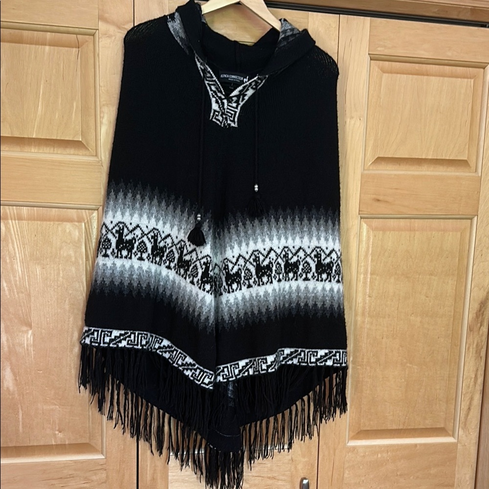 Black and White Hooded Poncho with Fringe